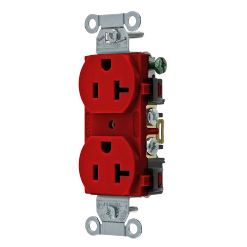 Hubbell BR20R, Commercial Grade Duplex Receptacles, Smooth Face, Back and Side Wired, 20A 125V, 5-20R, 2-Pole 3-Wire Grounding, Red