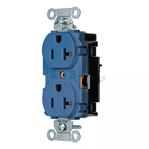 Hubbell BR20STBL, EdgeConnect Commercial Grade Duplex Receptacles, Smooth Face, Screwless Terminal, 20A 125V, 5-20R, 2-Pole 3-Wire Grounding, Blue