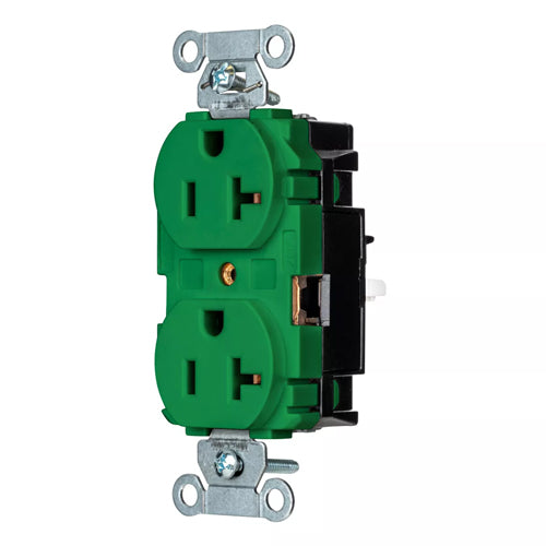 Hubbell BR20STGN, EdgeConnect Commercial Grade Duplex Receptacles, Smooth Face, Screwless Terminal, 20A 125V, 5-20R, 2-Pole 3-Wire Grounding, Green