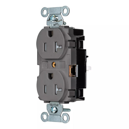 Hubbell BR20STGYTR, EdgeConnect Commercial Grade Duplex Receptacles, Tamper Resistant, Smooth Face, Screwless Terminal, 20A 125V, 5-20R, 2-Pole 3-Wire Grounding, Gray