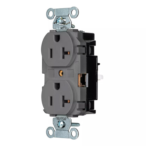 Hubbell BR20STGY, EdgeConnect Commercial Grade Duplex Receptacles, Smooth Face, Screwless Terminal, 20A 125V, 5-20R, 2-Pole 3-Wire Grounding, Gray