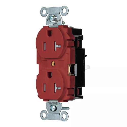 Hubbell BR20STRTR, EdgeConnect Commercial Grade Duplex Receptacles, Tamper Resistant, Smooth Face, Screwless Terminal, 20A 125V, 5-20R, 2-Pole 3-Wire Grounding, Red