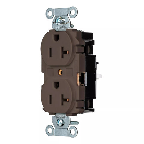 Hubbell BR20ST, EdgeConnect Commercial Grade Duplex Receptacles, Smooth Face, Screwless Terminal, 20A 125V, 5-20R, 2-Pole 3-Wire Grounding, Brown