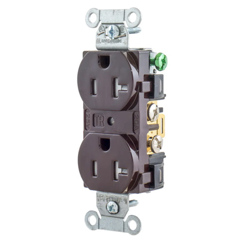 Hubbell BR20TR, Commercial Grade Duplex Receptacles, Tamper Resistant, Smooth Face, Back and Side Wired, 20A 125V, 5-20R, 2-Pole 3-Wire Grounding, Brown