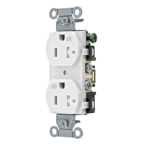 Hubbell BR20WHIWRTR, Commercial Grade Duplex Receptacles, Weather and Tamper Resistant, Smooth Face, Back and Side Wired, 20A 125V, 5-20R, 2-Pole 3-Wire Grounding, White