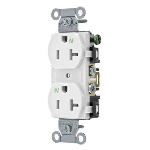 Hubbell BR20WHIWR, Commercial Grade Duplex Receptacles, Weather Resistant, Smooth Face, Back and Side Wired, 20A 125V, 5-20R, 2-Pole 3-Wire Grounding, White