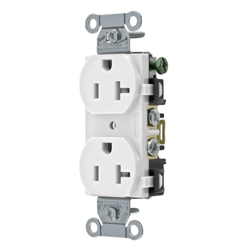 Hubbell BR20WHI, Commercial Grade Duplex Receptacles, Smooth Face, Back and Side Wired, 20A 125V, 5-20R, 2-Pole 3-Wire Grounding, White