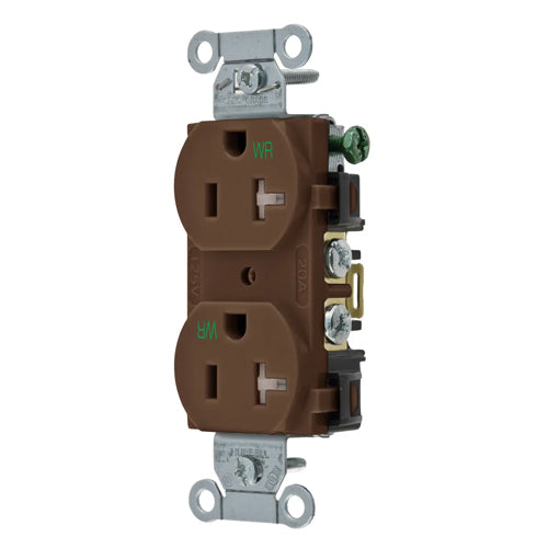 Hubbell BR20WRTR, Commercial Grade Duplex Receptacles, Weather and Tamper Resistant, Smooth Face, Back and Side Wired, 20A 125V, 5-20R, 2-Pole 3-Wire Grounding, Brown