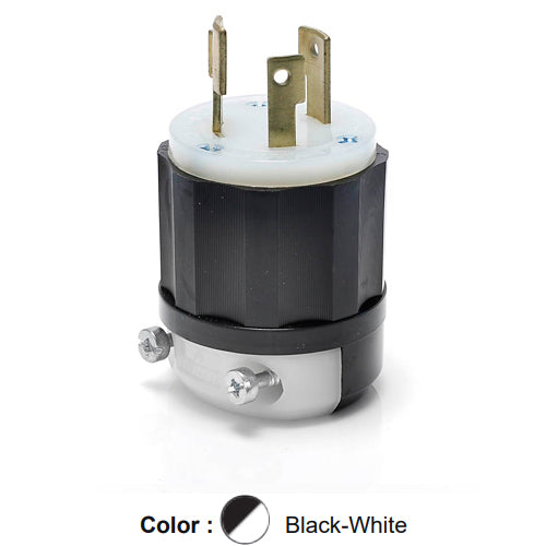 Leviton C2651, Locking Plug, Industrial Grade, 30 Amp, 600 Volt, NEMA L9-30P, 2-Pole, 3-Wire, Grounding, Black/White