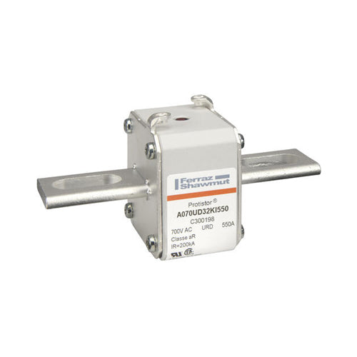 Mersen C300198, Square Body High-Speed Fuse, Fast Acting, Size 32 aR, 690/700VAC, 550A, With Striker Slotted Blades short