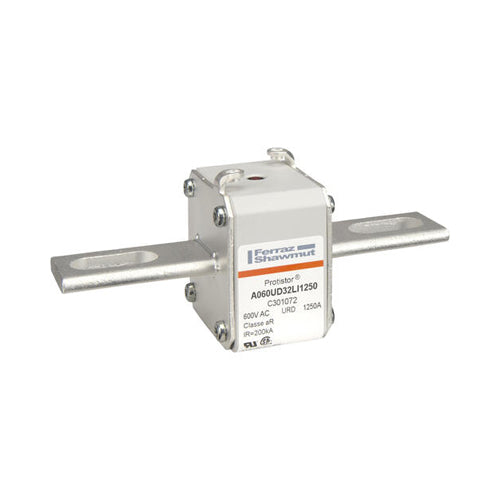 Mersen C301072, Square Body High-Speed Fuse, Fast Acting, Size 32 aR, 550/600VAC, 1250A, With Striker Slotted Blades long