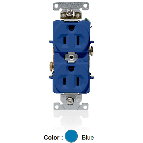 Leviton C5262-BU, Standard Straight Blade Duplex Receptacle, Heavy-Duty Industrial Specification Grade, Indented Face, 15A 125V, NEMA 5-15R, 2-Pole, 3-Wire, Self-Grounding, Back and Side Wire, Blue