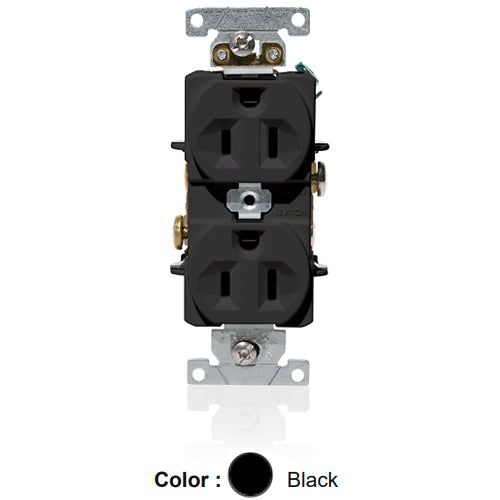 Leviton C5262-E, Standard Straight Blade Duplex Receptacle, Heavy-Duty Industrial Specification Grade, Indented Face, 15A 125V, NEMA 5-15R, 2-Pole, 3-Wire, Self-Grounding, Back and Side Wire, Black