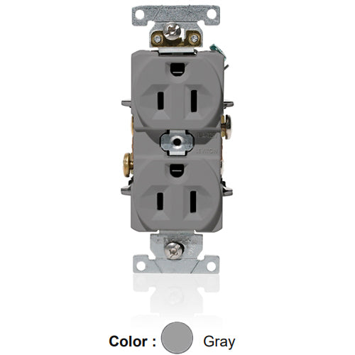 Leviton C5262-GY, Standard Straight Blade Duplex Receptacle, Heavy-Duty Industrial Specification Grade, Indented Face, 15A 125V, NEMA 5-15R, 2-Pole, 3-Wire, Self-Grounding, Back and Side Wire, Gray