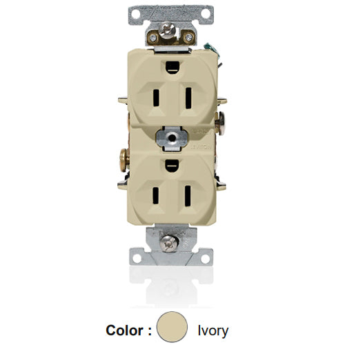 Leviton C5262-I, Standard Straight Blade Duplex Receptacle, Heavy-Duty Industrial Specification Grade, Indented Face, 15A 125V, NEMA 5-15R, 2-Pole, 3-Wire, Self-Grounding, Back and Side Wire, Ivory