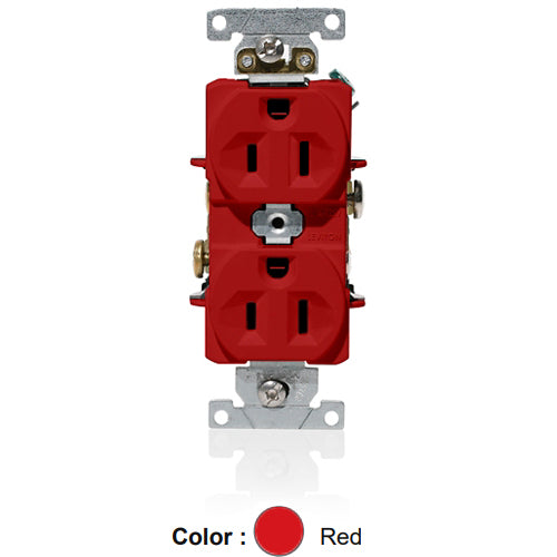 Leviton C5262-R, Standard Straight Blade Duplex Receptacle, Heavy-Duty Industrial Specification Grade, Indented Face, 15A 125V, NEMA 5-15R, 2-Pole, 3-Wire, Self-Grounding, Back and Side Wire, Red