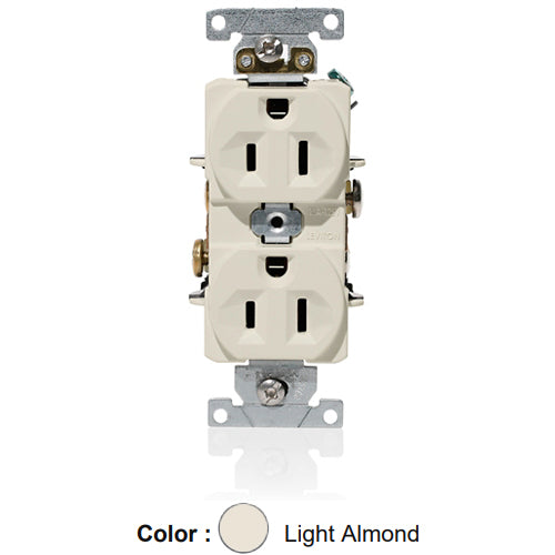 Leviton C5262-T, Standard Straight Blade Duplex Receptacle, Heavy-Duty Industrial Specification Grade, Indented Face, 15A 125V, NEMA 5-15R, 2-Pole, 3-Wire, Self-Grounding, Back and Side Wire, Light Almond