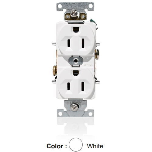 Leviton C5262-W, Standard Straight Blade Duplex Receptacle, Heavy-Duty Industrial Specification Grade, Indented Face, 15A 125V, NEMA 5-15R, 2-Pole, 3-Wire, Self-Grounding, Back and Side Wire, White