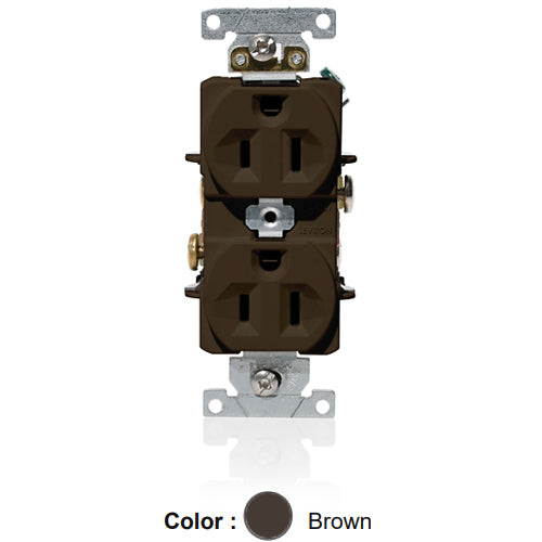 Leviton C5262, Standard Straight Blade Duplex Receptacle, Heavy-Duty Industrial Specification Grade, Indented Face, 15A 125V, NEMA 5-15R, 2-Pole, 3-Wire, Self-Grounding, Back and Side Wire, Brown