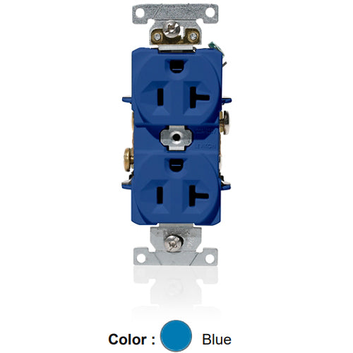 Leviton C5362-BU, Standard Straight Blade Duplex Receptacle, Heavy-Duty Industrial Specification Grade, Indented Face, 20A 125V, NEMA 5-20R, 2-Pole, 3-Wire, Self-Grounding, Back and Side Wire, Blue