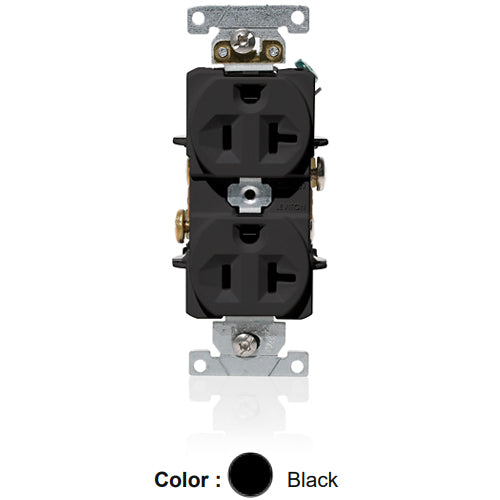 Leviton C5362-E, Standard Straight Blade Duplex Receptacle, Heavy-Duty Industrial Specification Grade, Indented Face, 20A 125V, NEMA 5-20R, 2-Pole, 3-Wire, Self-Grounding, Back and Side Wire, Black
