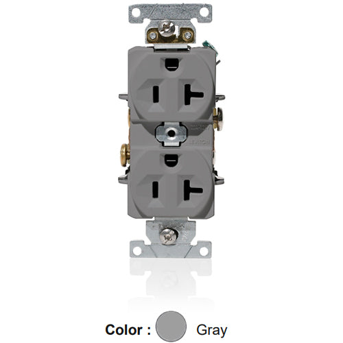 Leviton C5362-GY, Standard Straight Blade Duplex Receptacle, Heavy-Duty Industrial Specification Grade, Indented Face, 20A 125V, NEMA 5-20R, 2-Pole, 3-Wire, Self-Grounding, Back and Side Wire, Gray