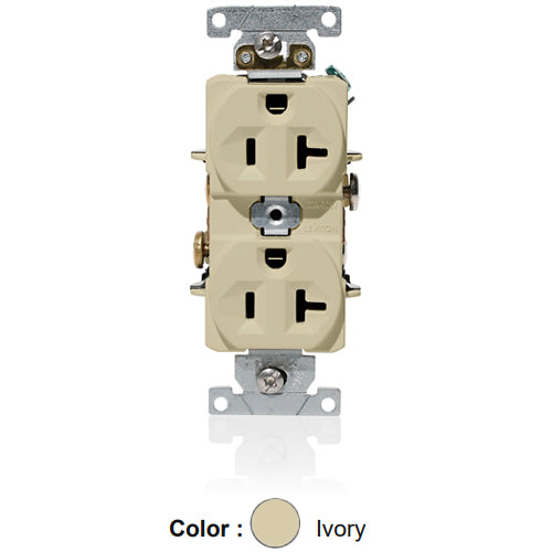 Leviton C5362-I, Standard Straight Blade Duplex Receptacle, Heavy-Duty Industrial Specification Grade, Indented Face, 20A 125V, NEMA 5-20R, 2-Pole, 3-Wire, Self-Grounding, Back and Side Wire, Ivory