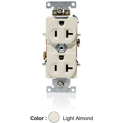 Leviton C5362-T, Standard Straight Blade Duplex Receptacle, Heavy-Duty Industrial Specification Grade, Indented Face, 20A 125V, NEMA 5-20R, 2-Pole, 3-Wire, Self-Grounding, Back and Side Wire, Light Almond