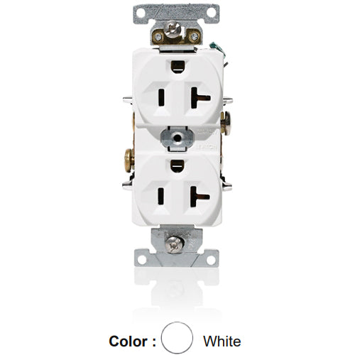 Leviton C5362-W, Standard Straight Blade Duplex Receptacle, Heavy-Duty Industrial Specification Grade, Indented Face, 20A 125V, NEMA 5-20R, 2-Pole, 3-Wire, Self-Grounding, Back and Side Wire, White