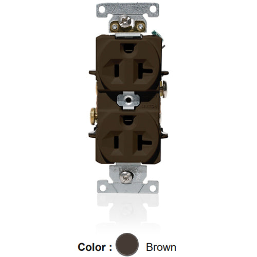Leviton C5362, Standard Straight Blade Duplex Receptacle, Heavy-Duty Industrial Specification Grade, Indented Face, 20A 125V, NEMA 5-20R, 2-Pole, 3-Wire, Self-Grounding, Back and Side Wire, Brown