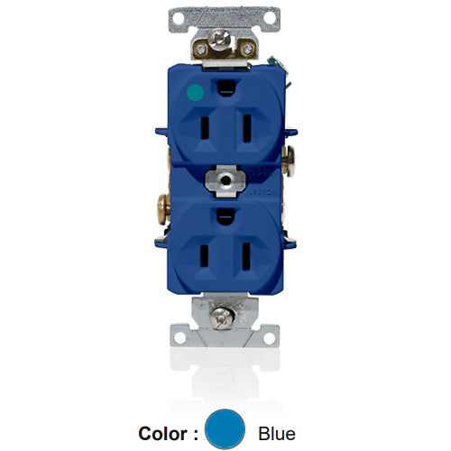 Leviton C8200-BU, Standard Straight Blade Duplex Receptacle, Heavy-Duty Hospital Grade, Indented Face, 15A 125V, NEMA 5-15R, 2-Pole, 3-Wire, Back and Side Wire, Blue