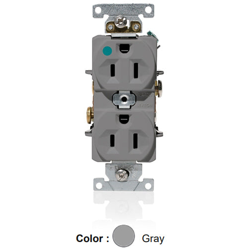 Leviton C8200-GY, Standard Straight Blade Duplex Receptacle, Heavy-Duty Hospital Grade, Indented Face, 15A 125V, NEMA 5-15R, 2-Pole, 3-Wire, Back and Side Wire, Gray