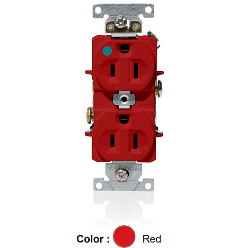 Leviton C8200-R, Standard Straight Blade Duplex Receptacle, Heavy-Duty Hospital Grade, Indented Face, 15A 125V, NEMA 5-15R, 2-Pole, 3-Wire, Back and Side Wire, Red