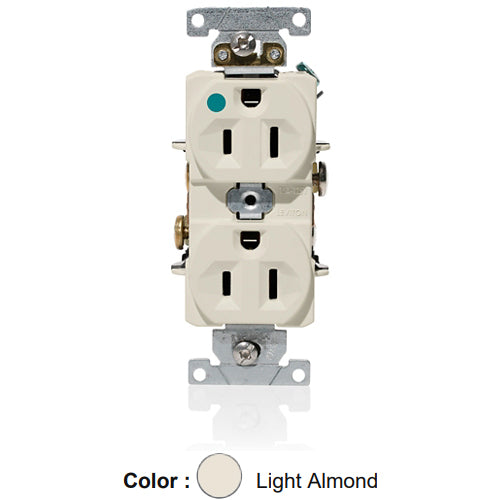 Leviton C8200-T, Standard Straight Blade Duplex Receptacle, Heavy-Duty Hospital Grade, Indented Face, 15A 125V, NEMA 5-15R, 2-Pole, 3-Wire, Back and Side Wire, Light Almond