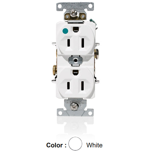 Leviton C8200-W, Standard Straight Blade Duplex Receptacle, Heavy-Duty Hospital Grade, Indented Face, 15A 125V, NEMA 5-15R, 2-Pole, 3-Wire, Back and Side Wire, White