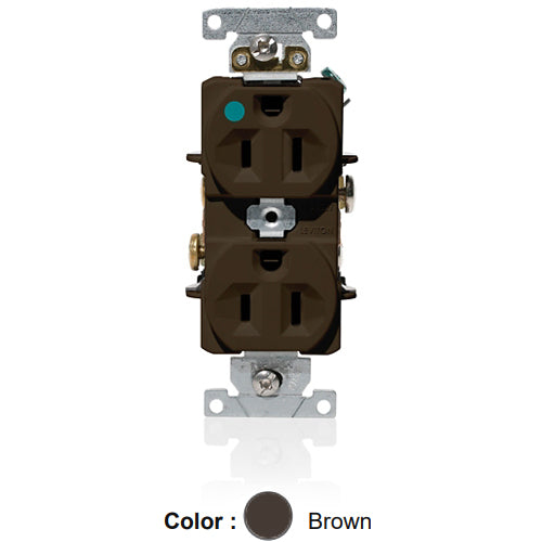 Leviton C8200, Standard Straight Blade Duplex Receptacle, Heavy-Duty Hospital Grade, Indented Face, 15A 125V, NEMA 5-15R, 2-Pole, 3-Wire, Back and Side Wire, Brown