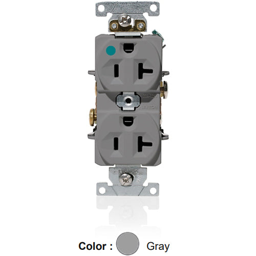 Leviton C8300-GY, Standard Straight Blade Duplex Receptacle, Heavy-Duty Hospital Grade, Indented Face, 20A 125V, NEMA 5-20R, 2-Pole, 3-Wire, Back and Side Wire, Gray