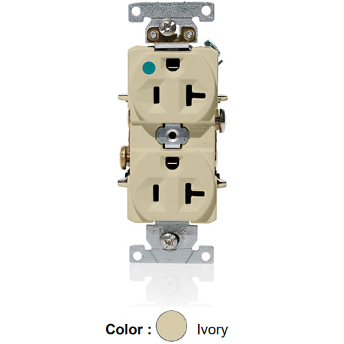 Leviton C8300-I, Standard Straight Blade Duplex Receptacle, Heavy-Duty Hospital Grade, Indented Face, 20A 125V, NEMA 5-20R, 2-Pole, 3-Wire, Back and Side Wire, Ivory