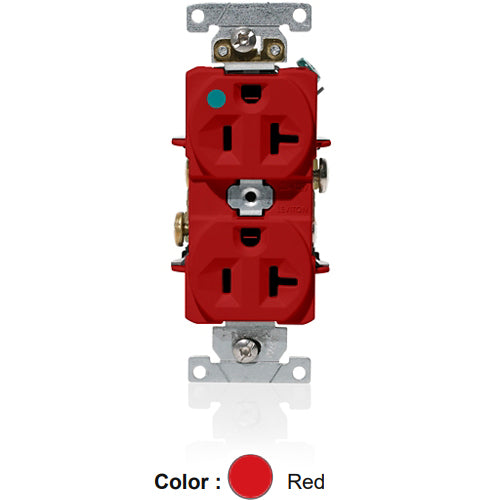 Leviton C8300-R, Standard Straight Blade Duplex Receptacle, Heavy-Duty Hospital Grade, Indented Face, 20A 125V, NEMA 5-20R, 2-Pole, 3-Wire, Back and Side Wire, Red