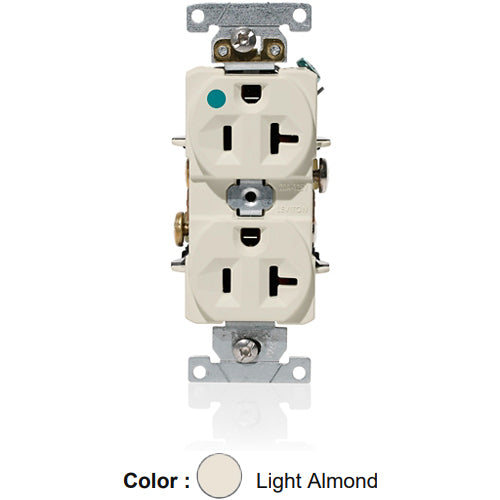 Leviton C8300-T, Standard Straight Blade Duplex Receptacle, Heavy-Duty Hospital Grade, Indented Face, 20A 125V, NEMA 5-20R, 2-Pole, 3-Wire, Back and Side Wire, Light Almond