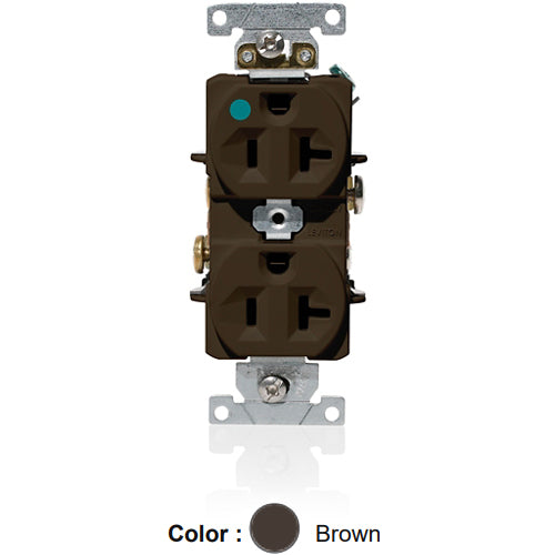 Leviton C8300, Standard Straight Blade Duplex Receptacle, Heavy-Duty Hospital Grade, Indented Face, 20A 125V, NEMA 5-20R, 2-Pole, 3-Wire, Back and Side Wire, Brown