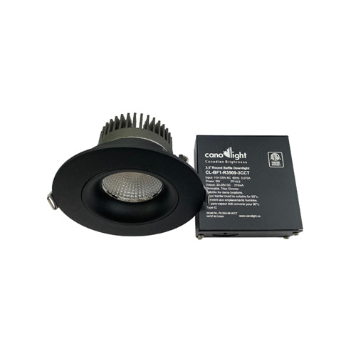 Canolight CL-BF1-R3509-3CCT-BL, 3.5'' Round Baffle Downlight, 9W, 770 Lumens, 3CCT Adjustable, 120-277 VAC, 38° Beam Angle, Triac Dimmable, Black Body