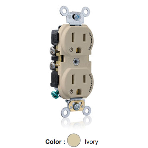 Leviton CR015-2PI, Standard Straight Blade Duplex Receptacle, Commercial Specification Grade, Two Outlets Marked ''Controlled'', Smooth Face, 15A 125V, NEMA 5-15R, 2-Pole, 3-Wire, Side Wire Only, Ivory