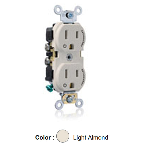 Leviton CR015-2PT, Standard Straight Blade Duplex Receptacle, Commercial Specification Grade, Two Outlets Marked ''Controlled'', Smooth Face, 15A 125V, NEMA 5-15R, 2-Pole, 3-Wire, Side Wire Only, Light Almond