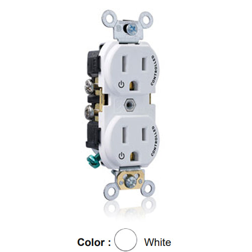 Leviton CR015-2PW, Standard Straight Blade Duplex Receptacle, Commercial Specification Grade, Two Outlets Marked ''Controlled'', Smooth Face, 15A 125V, NEMA 5-15R, 2-Pole, 3-Wire, Side Wire Only, White