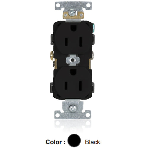 Leviton CR015-E, Standard Straight Blade Duplex Receptacle, Commercial Specification Grade, Smooth Face, 15A 125V, NEMA 5-15R, 2-Pole, 3-Wire, Self-Grounding, Side Wire Only, Black, 2 Packs