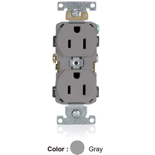 Leviton CR015-GY, Standard Straight Blade Duplex Receptacle, Commercial Specification Grade, Smooth Face, 15A 125V, NEMA 5-15R, 2-Pole, 3-Wire, Self-Grounding, Side Wire Only, Gray, 2 Packs