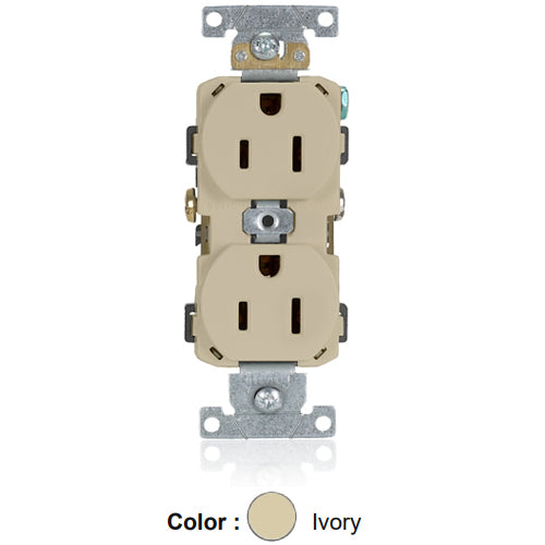 Leviton CR015-I, Standard Straight Blade Duplex Receptacle, Commercial Specification Grade, Smooth Face, 15A 125V, NEMA 5-15R, 2-Pole, 3-Wire, Self-Grounding, Side Wire Only, Ivory, 2 Packs
