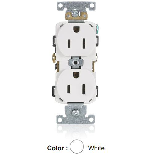 Leviton CR015-W, Standard Straight Blade Duplex Receptacle, Commercial Specification Grade, Smooth Face, 15A 125V, NEMA 5-15R, 2-Pole, 3-Wire, Self-Grounding, Side Wire Only, White, 2 Packs