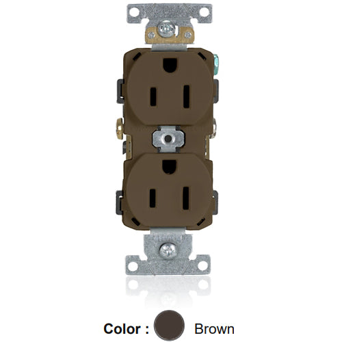 Leviton CR015, Standard Straight Blade Duplex Receptacle, Commercial Specification Grade, Smooth Face, 15A 125V, NEMA 5-15R, 2-Pole, 3-Wire, Self-Grounding, Side Wire Only, Brown, 2 Packs